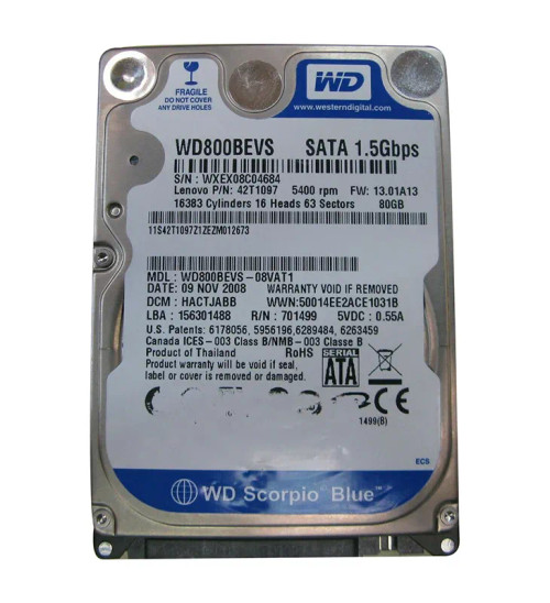 WD800BEVS-08VAT1 - Western Digital 80GB 5400RPM SATA 2.5" HDD