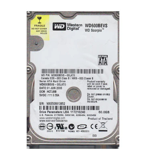 WD600BEVS-00LAT0 - Western Digital 60GB 5400RPM SATA 8MB 2.5" HDD