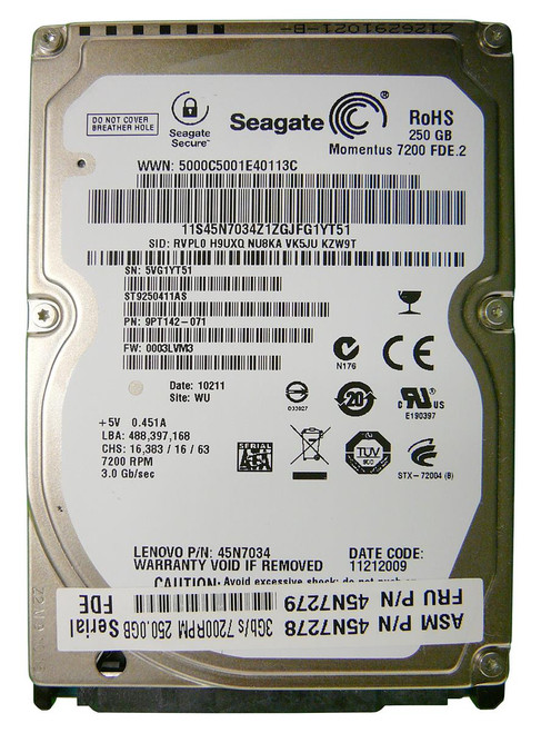 ST9250411AS - Seagate Momentus FDE 250GB 7200RPM SATA 3Gb/s 16MB Cache 2.5-inch Hard Drive
