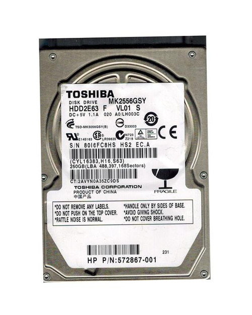 HDD2E63F - TOSHIBA 250GB 7200RPM SATA 16MB 2.5" HDD