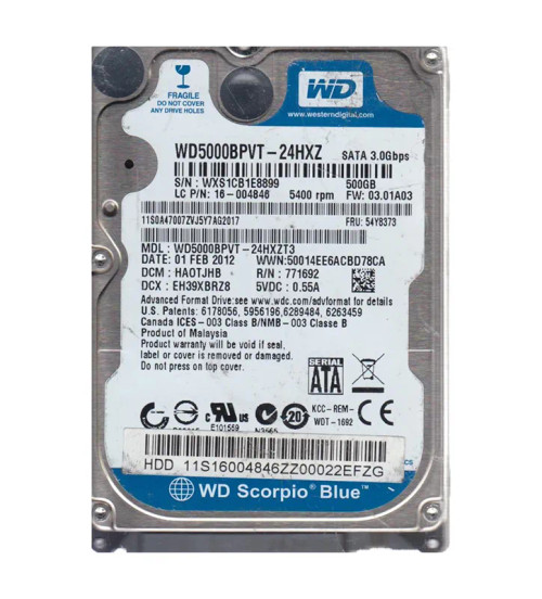 WD5000BPVT-24HXZT3 - Western Digital Scorpio Blue 500GB 5400RPM Hard Drive