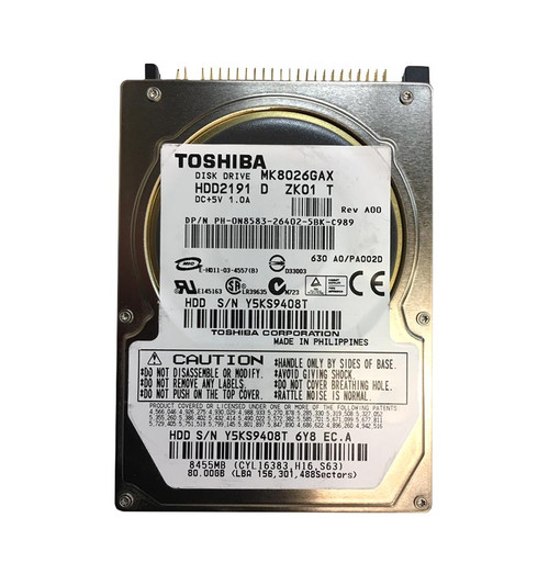 HDD2191 - TOSHIBA 80GB 5400RPM IDE ATA-100 16MB 2.5" HDD