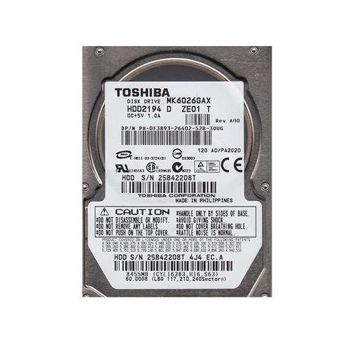 HDD2194 - TOSHIBA 60GB 5400RPM IDE ATA-100 16MB 2.5" HDD