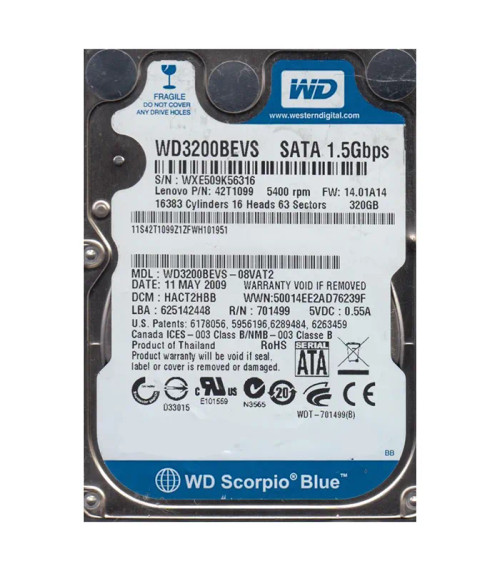 WD3200BEVS-08VAT2 - Western Digital 320GB 5400RPM SATA 8MB 2.5" HDD