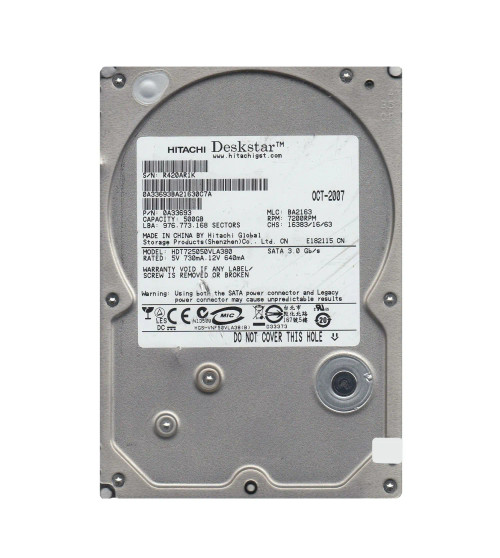 HDT725050VLA380 - Hitachi 500GB 7200RPM SATA 3.5" 8MB HDD