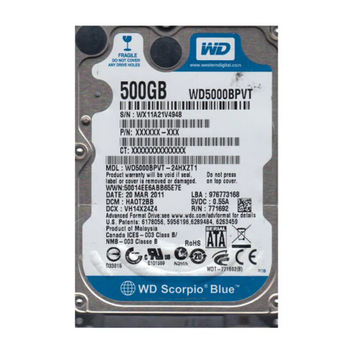 WD5000BPVT-24HXZT1 - Western Digital Scorpio Blue 500GB 5400RPM Hard Drive