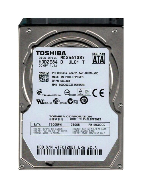 HDD2E84D - TOSHIBA 250GB 7200RPM SATA 16MB 2.5" HDD