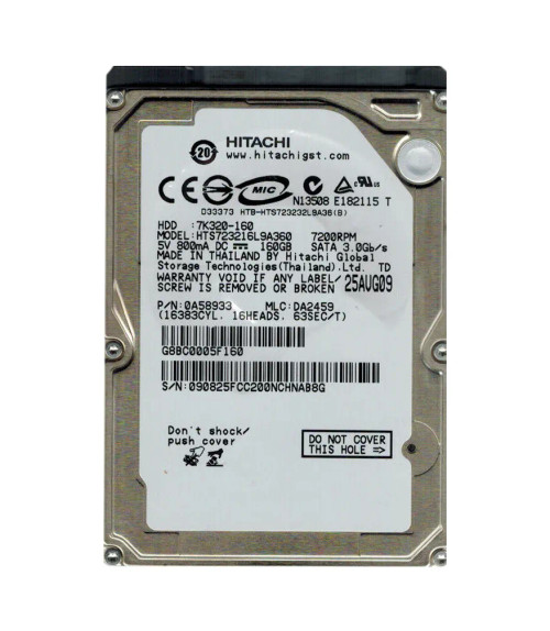 Hitachi 160GB 7200RPM SATA 2.5 Hard Drive for Travelstar - 0A58933