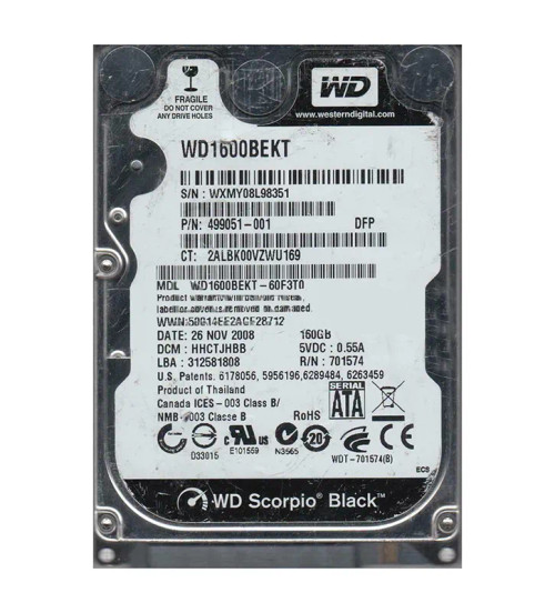 WD1600BEKT-60F3T0 - Western Digital 160GB 7200RPM SATA 3Gb/s 2.5" HDD