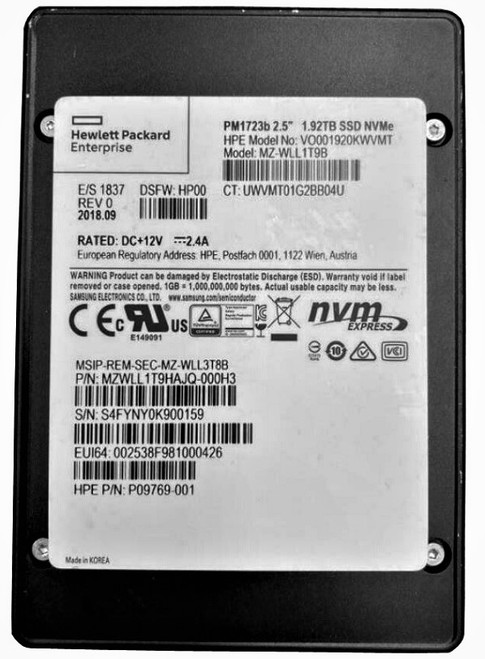MZ-WLL1T9B - HP 1.92TB NVMe Read Intensive 2.5" SSD