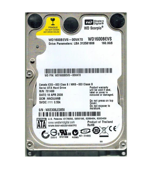WD1600BEVS-00VAT0 - Western Digital 160GB 5400RPM SATA 2.5-Inch HDD