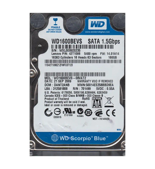 WD1600BEVS-08VAT2 - Western Digital 160GB 5400RPM SATA 2.5-Inch HDD