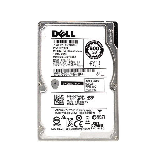 0G76RF - Dell 600GB 10000RPM SAS 2.5" HDD