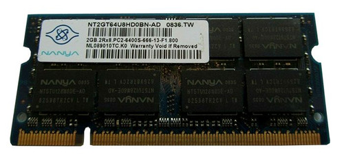 NT2GT64U8HD0BN-AD - Nanya 2GB DDR2-800MHz PC2-6400 non-ECC Unbuffered CL6 200-Pin SoDimm Dual Rank Memory Module