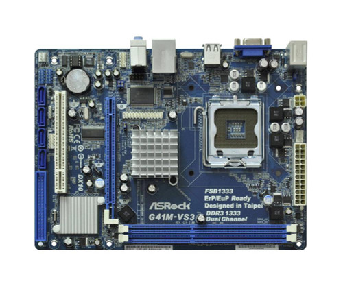 0-G41M-VS3 ASRock G41M-VS3 Socket LGA 775 Intel G41 + ICH7 Chipset Core 2 Extreme/ Core 2 Quad/ Core 2 Duo/ Pentium Dual-Core/ Celeron Dual-Core/ Celeron Processors Support DDR3 2x DIMM 4x SATA2 3.0Gb/s Micro ATX Motherboard