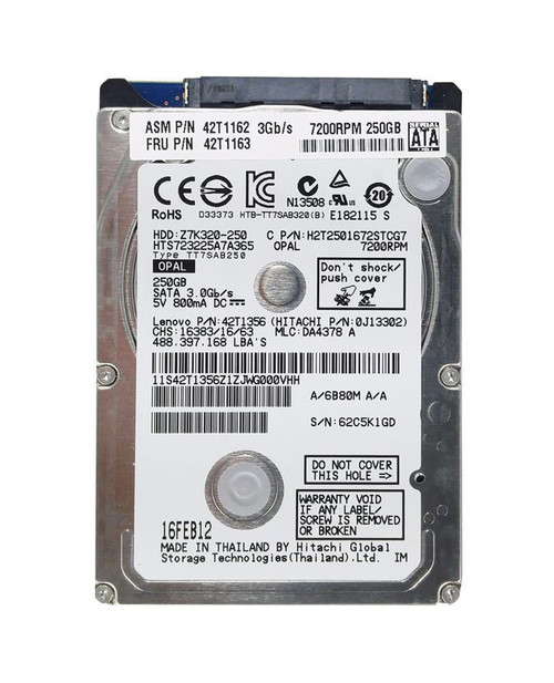 42T1163 Lenovo 250GB 7200RPM SATA 3Gbps 16MB Cache (Opal) 2.5-inch Internal Hard Drive