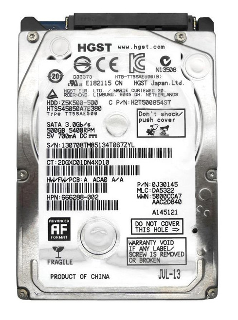 666288-002 - HP 500GB 5400RPM SATA 2.5" HDD