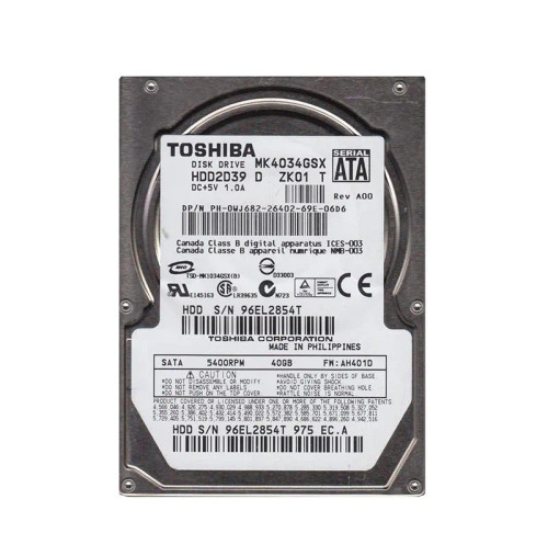HDD2D39 - TOSHIBA 40GB 5400RPM SATA 8MB 2.5" HDD
