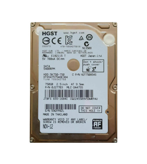 HTS547575A9E384 - Hitachi 750GB 5400RPM SATA 8MB 2.5" HDD