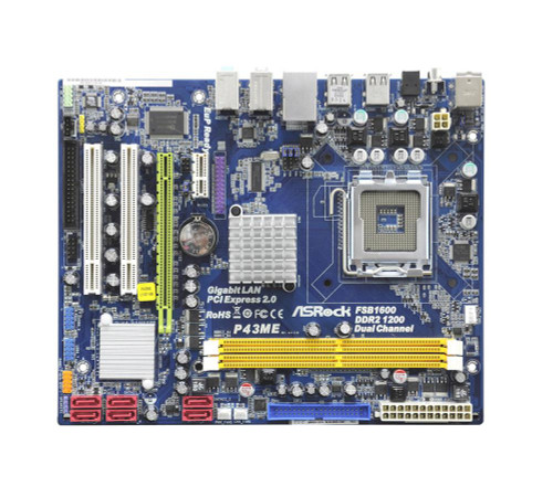ASRock P43ME Socket LGA 775 Intel P43 + ICH10 Chipset Micro-ATX Motherboard for Core 2 Processors, DDR2, 6x SATA2 Slots