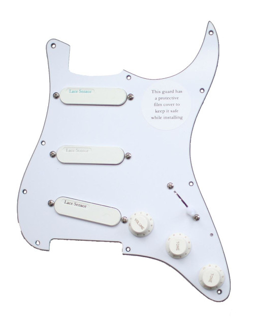 Lace Sensor Blue Fire Loaded Strat Pickguard ( Light Blue / Silver / Burgundy ) - white