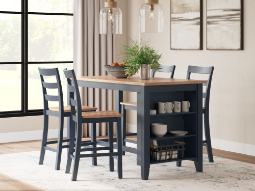 Gesthaven - 5 Pc. - Rectangular Dining Room Counter Table, 4  Barstools - Natural / Blue
