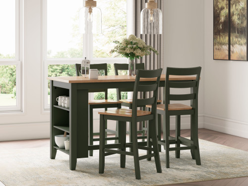 Gesthaven - 5 Pc. - Rectangular Dining Room Counter Table, 4  Barstools - Natural / Green