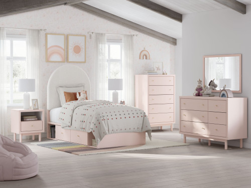 Wistenpine - 7 Pc. - Dresser, Mirror, Twin Upholstered Panel Bed With Under Bed Storage - Blush