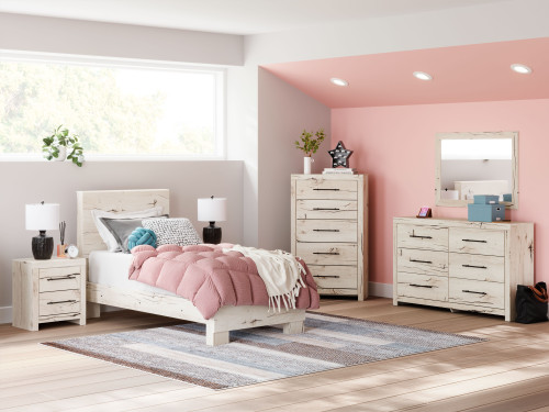 Lawroy - 6 Pc. - Dresser, Mirror, Chest, Twin Panel Bed - Light Natural