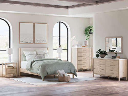 Cadmori - 5 Pc. - Dresser, Mirror, Queen Upholstered Panel Bed - Two-tone