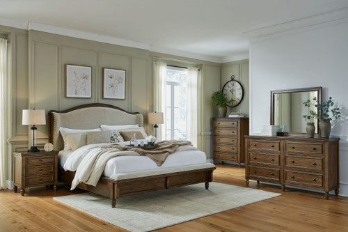 Sturlayne - 8 Pc. - Dresser, Mirror, Chest, King Upholstered Panel Bed, 2 Nightstands - Brown