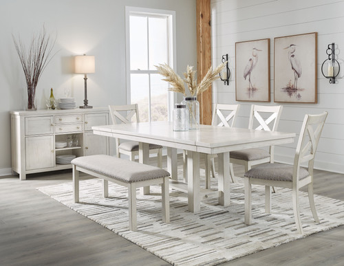 Robbinsdale - 7 Pc. - Rectangular Dining Room Extension Table, 4 Upholstered Side Chairs, Bench, Server - Antique White