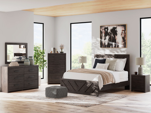 Prendonea - 5 Pc. - Dresser, Mirror, Chest, Queen Panel Bed - Charcoal