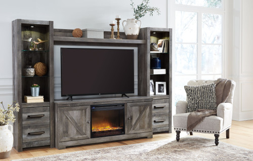 Wynnlow - 5 Pc. - Entertainment Center - 63" TV Stand with Fireplace Insert Glass/Stone - Gray