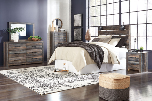 Drystan - 6 Pc. - Dresser, Mirror, Chest, Queen Panel Headboard, Nightstand, Bed Frame - Dark Gray