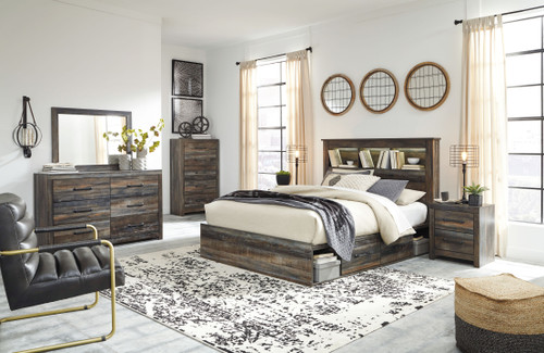 Drystan - 10 Pc. - Dresser, Mirror, Chest, King Bookcase Bed With 4 Storage Drawers, 2 Nightstands - Brown / Beige