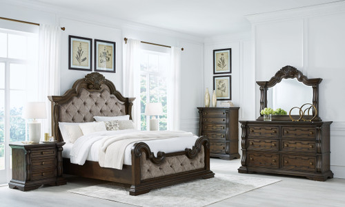Maylee - 6 Pc. - Dresser, Mirror, Chest, Queen Upholstered Bed - Dark Brown