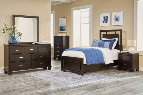 Covetown - 4 Pc. - Dresser, Mirror, Twin Panel Bed - Dark Brown