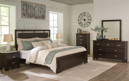 Covetown - 4 Pc. - Dresser, Mirror, California King Panel Bed - Dark Brown