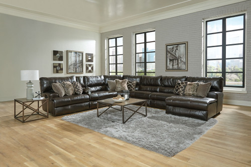 Como - 7 Piece Italian Leather Match Manual Reclining Sectional With 2 Reclining Seats And RSF Chaise - Chocolate