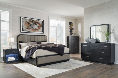 Rowanbeck - 6 Pc. - Dresser, Mirror, King Upholstered Panel Bed, 2 Nightstands - Gray / Black