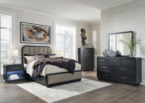 Rowanbeck - 7 Pc. - Dresser, Mirror, Chest, Queen Upholstered Panel Bed, 2 Nightstands - Gray / Black