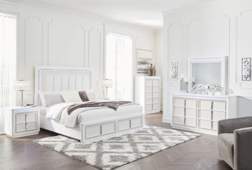 Chalanna - 8 Pc. - Dresser, Mirror, Chest, California King Upholstered Storage Bed, 2 Nightstands - White