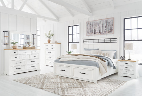 Ashbryn - 6 Pc. - Dresser, Mirror, Chest, King Panel Storage Bed - White / Natural
