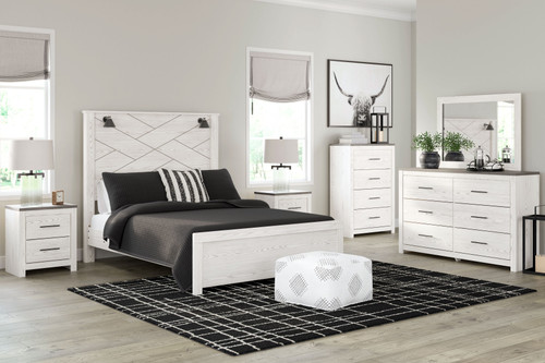 Gerridan - 7 Pc. - Dresser, Mirror, Queen Panel Bed with Sconces, 2 Nightstands - White