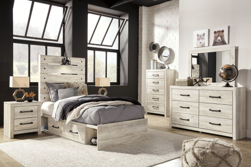 Cambeck - 8 Pc. - Dresser, Mirror, Chest, Twin Panel Bed with 4 Storage Drawers - Whitewash