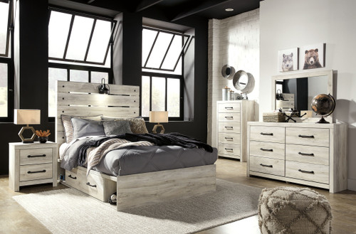 Cambeck - 9 Pc. - Dresser, Mirror, Chest, Full Panel Bed with Side Storage Drawers, 2 Nightstands - Whitewash