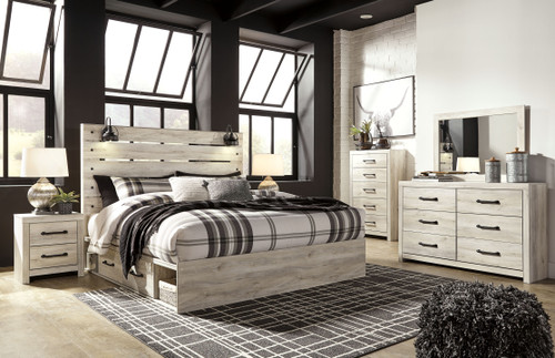 Cambeck - 8 Pc. - Dresser, Mirror, King Panel Bed with Side Storage Drawers, 2 Nightstands - Whitewash