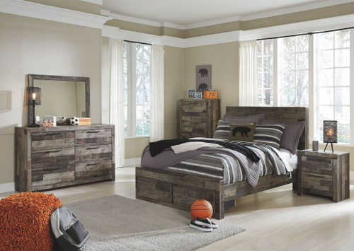 Derekson - 7 Pc. - Dresser, Mirror, Chest, Full Panel Bed with 2 Storage Drawers - Multi Gray