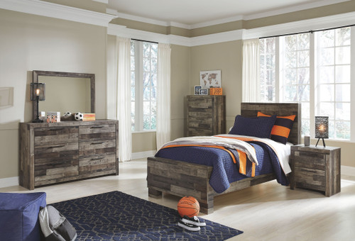 Derekson - 5 Pc. - Dresser, Mirror, Twin Panel Bed - Multi Gray